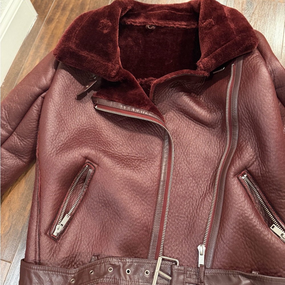Zara Women's Wine Burgundy Leather Moto Jacket with Shearling Collar